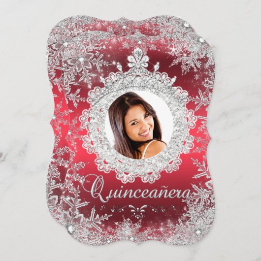 Red Silver Tiara Snowflake Sparkle Quinceanera Kaart (Voorkant / Achterkant)