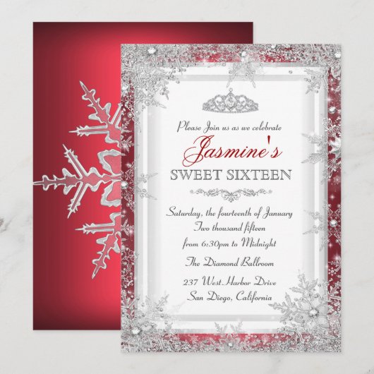 Red Silver Winter Wonderland Sweet 16 Kaart (Voorkant / Achterkant)