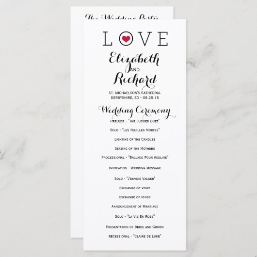 Red Simple Love Wedding Programmes (Devant / Derrière)