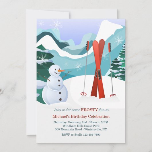 Red Skis en Snowman Invitation Kaart (Voorkant)