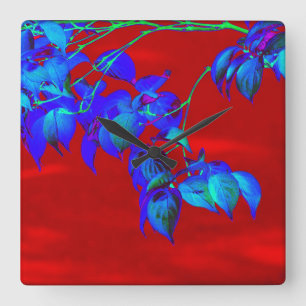 Red Sky Blue Leaves Wall Clock Vierkante Klok