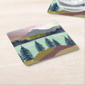 Red Sky Lake Landscape Vierkante Kartonnen Onderzetter (Schuin)