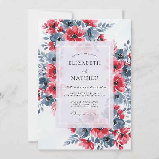Red Slate Blue Dramatic Floral Wedding Kaart (Voorkant)