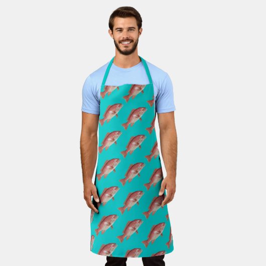 Red Snapper Pattern Turquoise Kitchen Apron Schort (Gedragen)