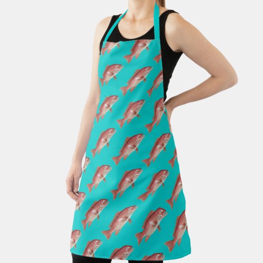 Red Snapper Pattern Turquoise Kitchen Apron Schort (Insitu)
