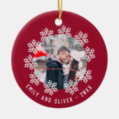 Red Snowflake Lijst Couple Keepomwille Foto Keramisch Ornament (Voorkant)