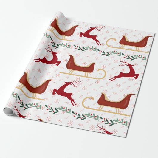 Red Snowflake & Reindeer Wrapping Paper | Festive Cadeaupapier (Uitgerold)
