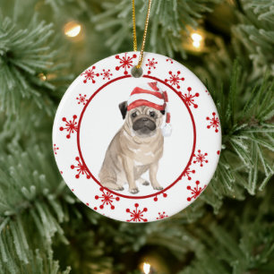 Red Snowflake Santa Hat Pug Kerstmis Keramisch Ornament