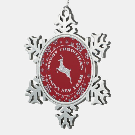 Red Snowflake Silver Reindeer Tin Sneeuwvlok Ornament (Rechts)