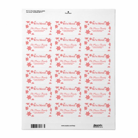 Red Snowflake "we hebben ons verplaatst" kerstlabe Etiket (Full Sheet)