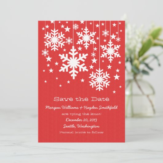Red Snowflakes et Stars Save the Date Invitation (Debout devant)