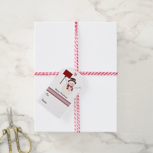 Red Snowman Kerstmis Cadeaulabel (Met Touw)