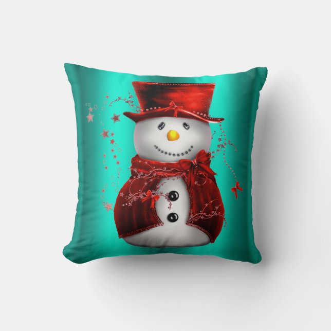 Red Snowman met Blauwgroen kerst Kussen (Voorkant)