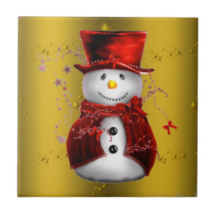 Red Snowmen op Gold Tegeltje