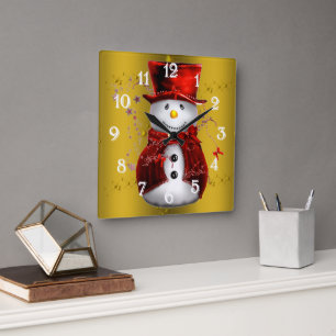 Red Snowmen op Gold Vierkante Klok