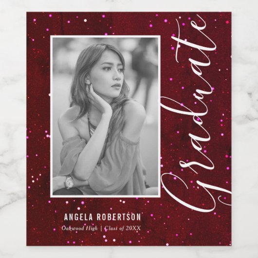 Red Space Glitter - Aangepast foto-Afstuderen Wijn Etiket (Enkel label)