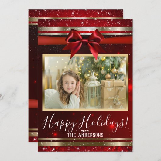 Red Sparkle Chic Bow Glam Carte photo (Devant / Derrière)