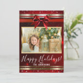 Red Sparkle Chic Bow Glam Holiday Feestdagenkaart (Staand voorkant)