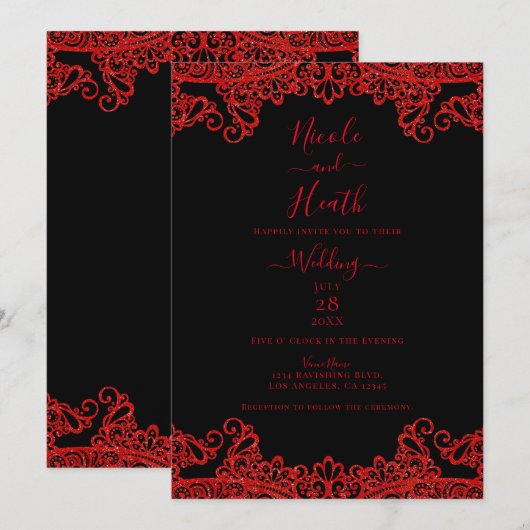 Red Sparkle Glitter Lace Black Elegant Wedding Kaart (Voorkant / Achterkant)