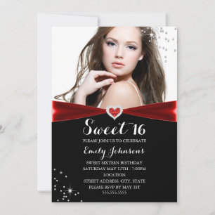 Red Sparkle Heart Sweet 16 Anniversaire Invitation