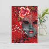 Red sparkle Mask Masquerade Sweet 16 Invite Kaart (Staand voorkant)