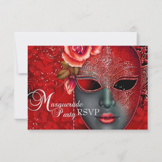 Red Sparkle Masquerade Party RSVP Kaart (Voorkant)