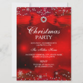 Red Sparkle Snowflake & Bow-kerstparty Invite Kaart (Voorkant)