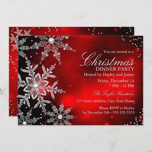 Red Sparkle Snowflake kerstfeest Kaart (Voorkant / Achterkant)