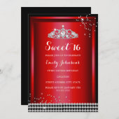 Red Sparkle Tiara Sweet 16 Anniversaire Invitation (Devant / Derrière)