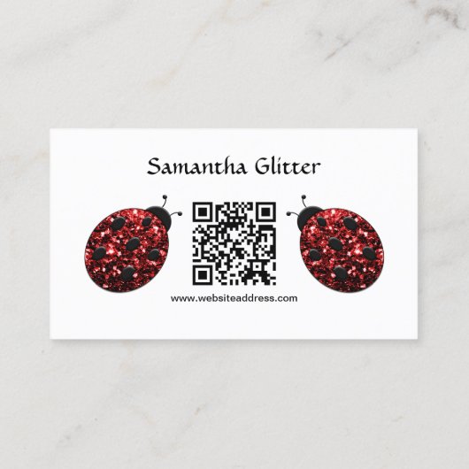 Red sparkles Ladybug Custom QR code Wit Visitekaartje (Achterkant)