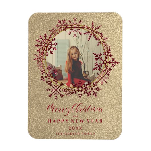 Red Sparkles Sneeuwvlokken Kerstmis Familie Foto Magneet (Verticaal)