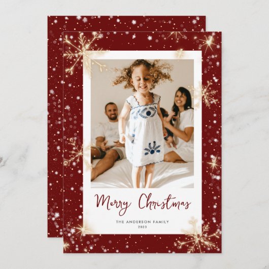 Red Sparkly Snowflake-fotokerstkaarten Feestdagenkaart (Voorkant / Achterkant)