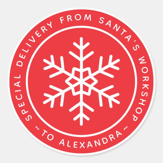 Red Special Delivery from Santa to Name Snowflake Ronde Sticker (Voorkant)