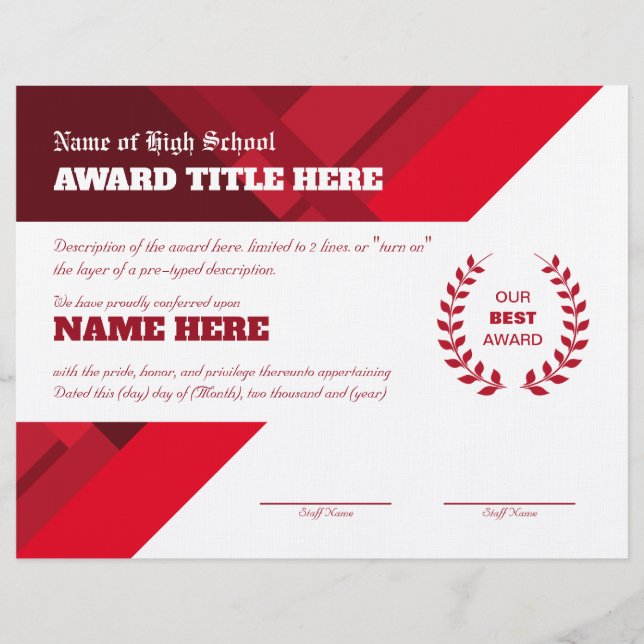 RED SPORTS Recognition Award Certificaat Briefhoofd (Voorkant)
