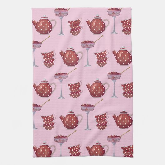 Red Spotty Tea Set and Strawberries Pink Pattern Theedoek (Verticaal)
