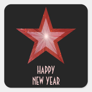 Red Star 'Happy New Year'-vierkante sticker zwart