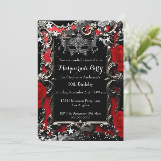 Red Stars Magical Night Masquerade Party Halloween Kaart (Staand voorkant)