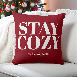 Red Stay Cosy Feestelijke Typografie Witte Familie Kussen