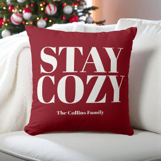 Red Stay Cosy Feestelijke Typografie Witte Familie Kussen