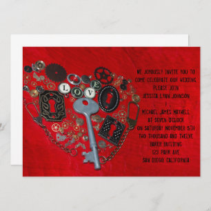 Red Steampunk Heart Wedding Kaart