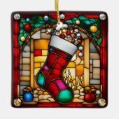 Red Stocking Faux Glas in lood Keramisch Ornament (Voorkant)