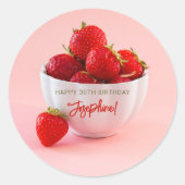 Red Strawberries Photo On Pink Happy Birthday Ronde Sticker (Voorkant)