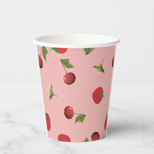 Red Strawberry and Cherry Pattern Pink Fruit Papieren Bekers (Voorkant)
