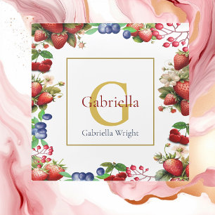 Red Strawberry Blue Berry Modern Gold Monogram Glazen Onderzetter