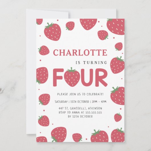 Red Strawberry Pattern 4e zomerverjaardag Kaart (Voorkant)