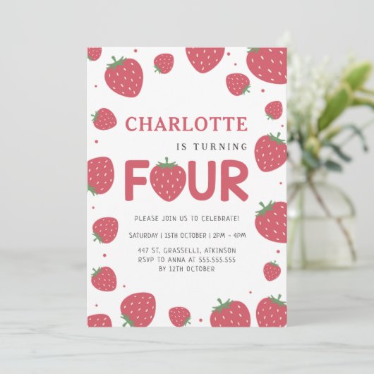 Red Strawberry Pattern 4e zomerverjaardag Kaart (Staand voorkant)