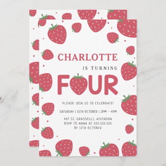 Red Strawberry Pattern 4e zomerverjaardag Kaart (Voorkant / Achterkant)