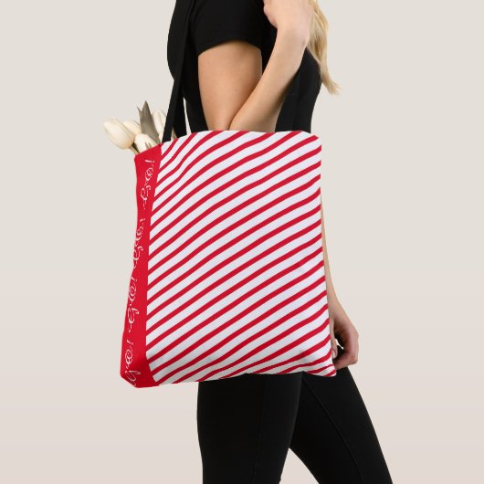 Red Stripe Accent Tote Bag / Custom White Script (De près)