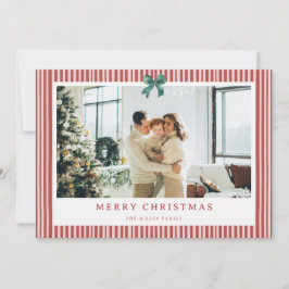 Red Stripe Green Bow Christmas Photo Holiday Card  Feestdagenkaart