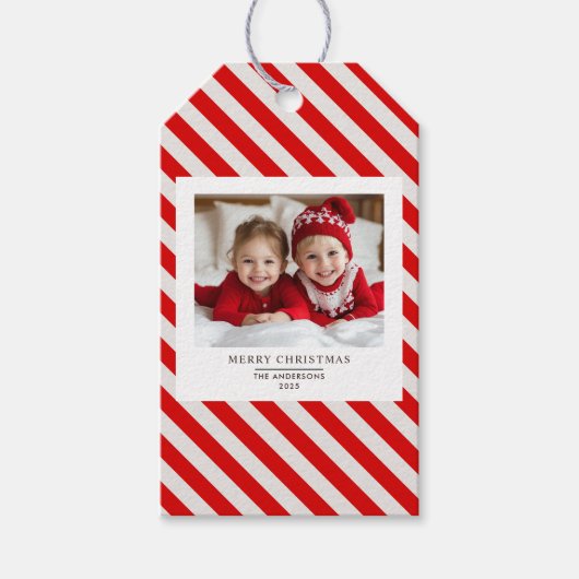 "Red Stripe met foto Vrolijk Kerstfeest en naam Cadeaulabel (Voorkant)